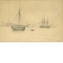 Blyertsteckning föreställande en amerikansk fregatt i Stockholm 1849